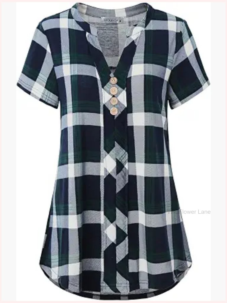Notch Neck Short Sleeve Plaid Shirt Blouse Tunic Top